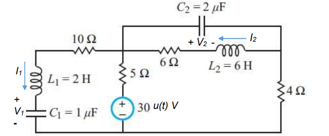 C2 = 2 µF
10 2
12
+ V2 -
ll
6Ω
L2 = 6 H
L1= 2 H
30 u(t) V
V1
C =1 µF
