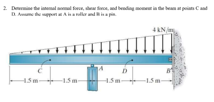 2. Determine the internal normal force, shear force, and bending moment in the beam at points C and
D. Assume the support at A is a roller and B is a pin.
4 kN/m
l
C
D
1.5 m
-1.5 m-
-1.5 m-
-1.5 m-
