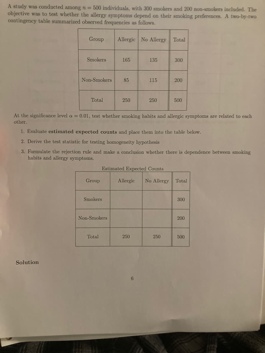 A study was conducted among n = 500 individuals, with 300 smokers and 200 non-smokers included. The
objective was to test whether the allergy symptoms depend on their smoking preferences. A two-by-two
contingency table summarized observed frequencies as follows.
Group
Allergic No Allergy
Total
Smokers
165
135
300
Non-Smokers
85
115
200
Total
250
250
500
At the significance level a = 0.01, test whether smoking habits and allergic symptoms are related to each
other.
1. Evaluate estimated expected counts and place them into the table below.
2. Derive the test statistic for testing homogeneity hypothesis
3. Formulate the rejection rule and make a conclusion whether there is dependence between smoking
habits and allergy symptoms.
Estimated Expected Counts
Group
Allergic
No Allergy
Total
Smokers
300
Non-Smokers
200
Total
250
250
500
Solution
