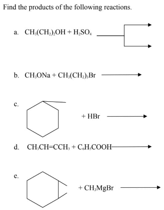 Find the products of the following reactions.
a. CH:(CH,),OH + H,SO,
b. CH,ONa + CH;(CH2);Br
с.
+ HBr
d.
CH;CH=CCH;+ C,H,COOH-
е.
+ CH;MgBr
