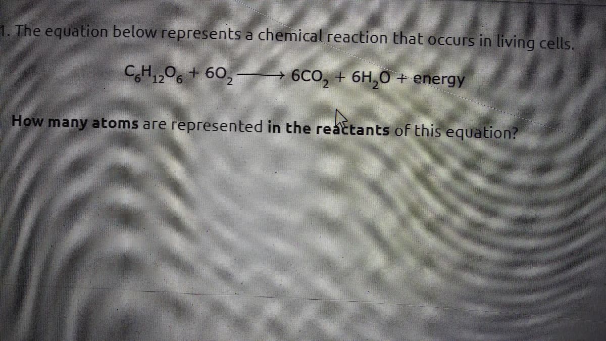 1. The equation below represents a chemical reaction that ocEUEs in living cells.
CH,206 + 60, -
→6CO, + 6H,0 + energy
How many atoms are represented in the reactants of this equation?
