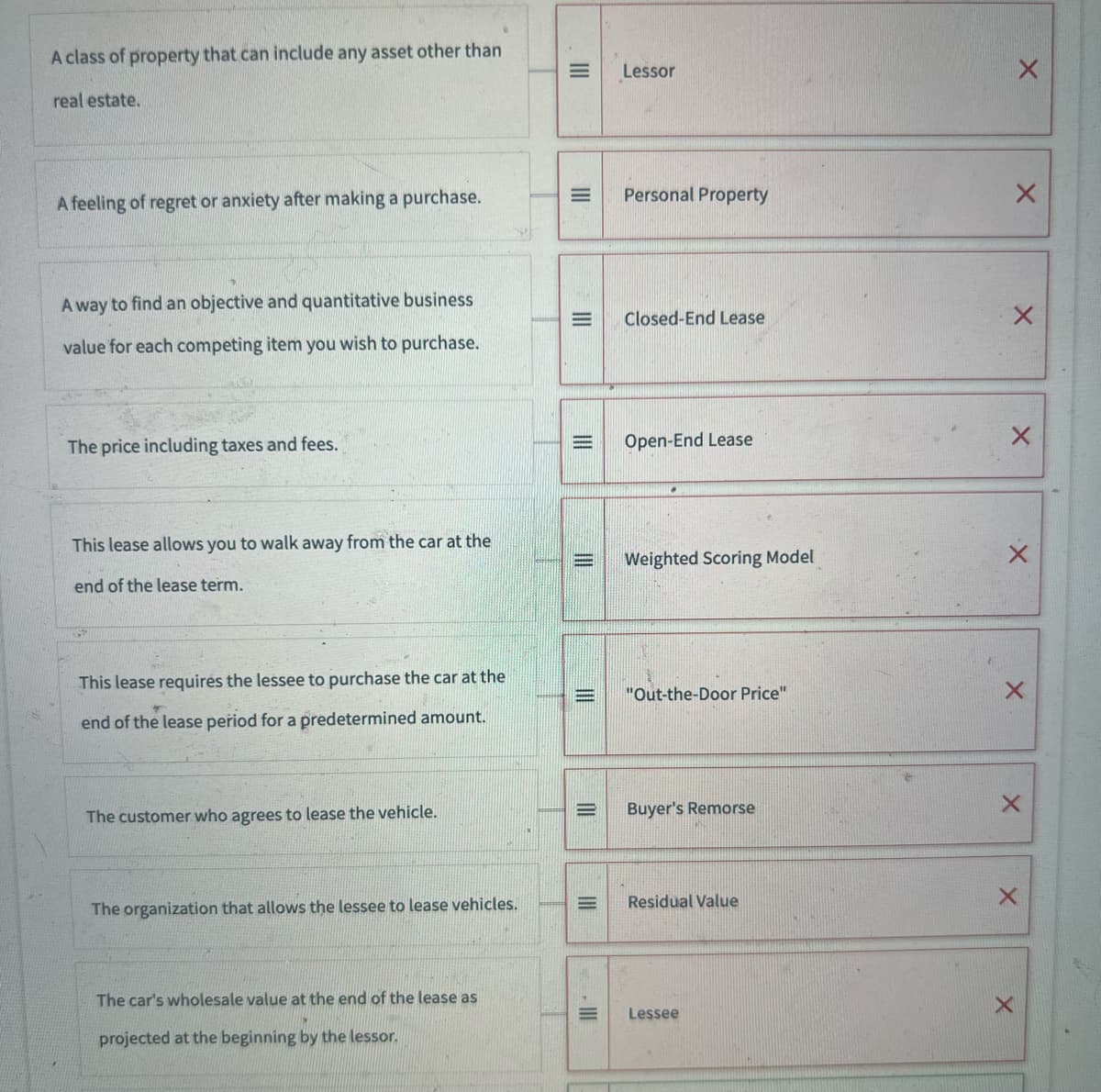 A class of property that can include any asset other than
real estate.
A feeling of regret or anxiety after making a purchase.
A way to find an objective and quantitative business
value for each competing item you wish to purchase.
The price including taxes and fees.
This lease allows you to walk away from the car at the
end of the lease term.
This lease requires the lessee to purchase the car at the
end of the lease period for a predetermined amount.
The customer who agrees to lease the vehicle.
The organization that allows the lessee to lease vehicles.
The car's wholesale value at the end of the lease as
projected at the beginning by the lessor.
III
III
III
=
III
E
III
E
Lessor
Personal Property
Closed-End Lease
Open-End Lease
Weighted Scoring Model
"Out-the-Door Price"
Buyer's Remorse
Residual Value
Lessee
X
X
X
X
X
X
X
X