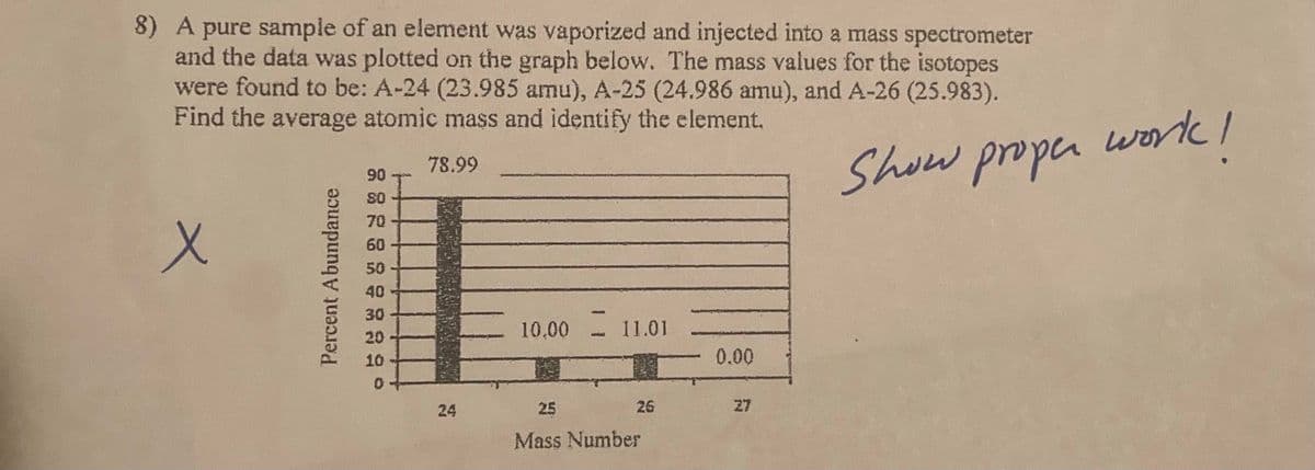 8) A pure sample of an element was vaporized and injected into a mass spectrometer
and the data was plotted on the graph below. The mass values for the isotopes
were found to be: A-24 (23.985 amu), A-25 (24.986 amu), and A-26 (25.983).
Find the average atomic mass and identify the element.
78.99
X
Show proper.
Percent Abundance
90
SO
70
60
50
40
30
20
10
0
24
10.00 - 11.01
C
25
Mass Number
26
0.00
27