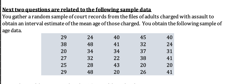 Next two questions are related to the following sample data
You gather a random sample of court records from the files of adults charged with assault to
obtain an interval estimate of the mean age of those charged. You obtain the following sample of
age data.
29
24
40
45
40
38
48
41
32
24
20
34
34
37
31
27
32
22
38
41
25
28
43
20
20
29
48
20
26
41
