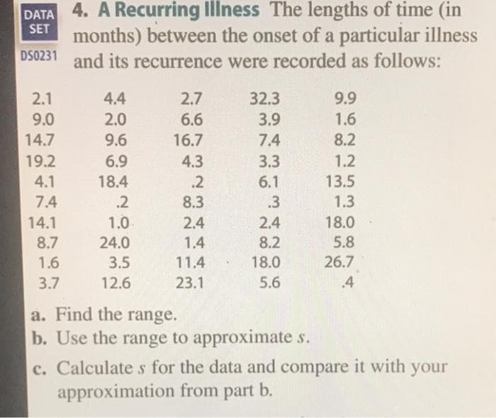 4. A Recurring Illness The lengths of time (in
months) between the onset of a particular illness
DS0zST and its recurrence were recorded as follows:
DATA
SET
2.1
4.4
2.7
32.3
9.9
9.0
2.0
1.6
6.6
16.7
3.9
14.7
9.6
7.4
8.2
19.2
6.9
4.3
3.3
1.2
4.1
18.4
.2
6.1
13.5
7.4
.2
8.3
.3
1.3
14.1
1.0
2.4
2.4
18.0
8.7
24.0
1.4
8.2
5.8
1.6
3.5
11.4
18.0
26.7
3.7
12.6
23.1
5.6
.4
a. Find the range.
b. Use the range to approximate s.
c. Calculate s for the data and compare it with your
approximation from part b.
