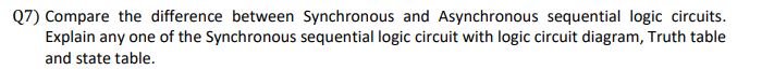 Compare the difference between Synchronous and Asynchronous sequential logic circuits.
Explain any one of the Synchronous sequential logic circuit with logic circuit diagram, Truth table
and state table.
