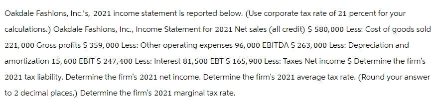 Oakdale Fashions, Inc.'s, 2021 income statement is reported below. (Use corporate tax rate of 21 percent for your
calculations.) Oakdale Fashions, Inc., Income Statement for 2021 Net sales (all credit) $ 580,000 Less: Cost of goods sold
221,000 Gross profits $ 359,000 Less: Other operating expenses 96,000 EBITDA $ 263,000 Less: Depreciation and
amortization 15, 600 EBIT $ 247,400 Less: Interest 81,500 EBT $ 165,900 Less: Taxes Net income $ Determine the firm's
2021 tax liability. Determine the firm's 2021 net income. Determine the firm's 2021 average tax rate. (Round your answer
to 2 decimal places.) Determine the firm's 2021 marginal tax rate.