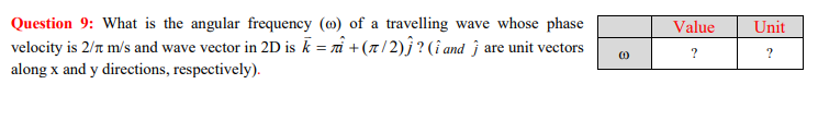 Question 9: What is the angular frequency (@) of a travelling wave whose phase
Value
Unit
velocity is 2/r m/s and wave vector in 2D is k = ri + (x/2)ĵ? (î and j are unit vectors
?
along x and y directions, respectively).
