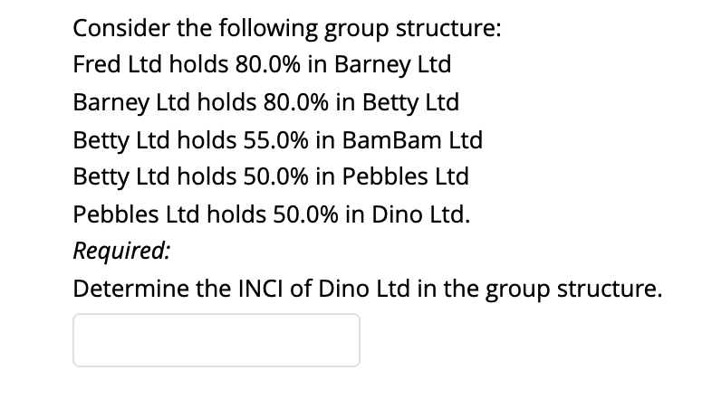 Consider the following group structure:
Fred Ltd holds 80.0% in Barney Ltd
Barney Ltd holds 80.0% in Betty Ltd
Betty Ltd holds 55.0% in BamBam Ltd
Betty Ltd holds 50.0% in Pebbles Ltd
Pebbles Ltd holds 50.0% in Dino Ltd.
Required:
Determine the INCI of Dino Ltd in the group structure.
