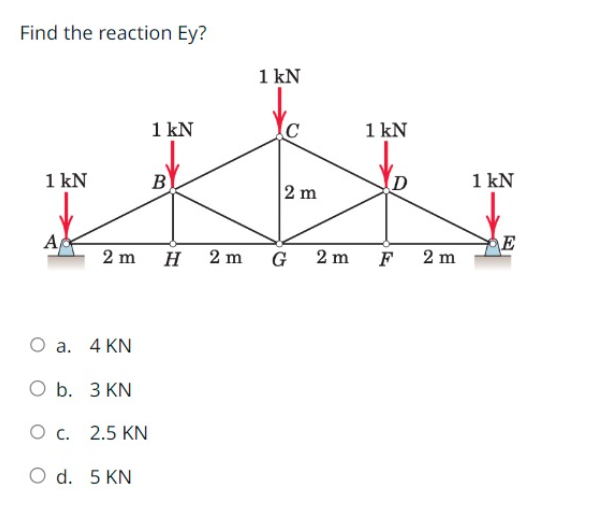 Find the reaction Ey?
1 kN
A
2 m
O a. 4 KN
O b. 3 KN
O c. 2.5 KN
O d. 5 KN
1 kN
B
H
2 m
1 kN
2 m
G
2 m
1 kN
F
2 m
1 kN
E