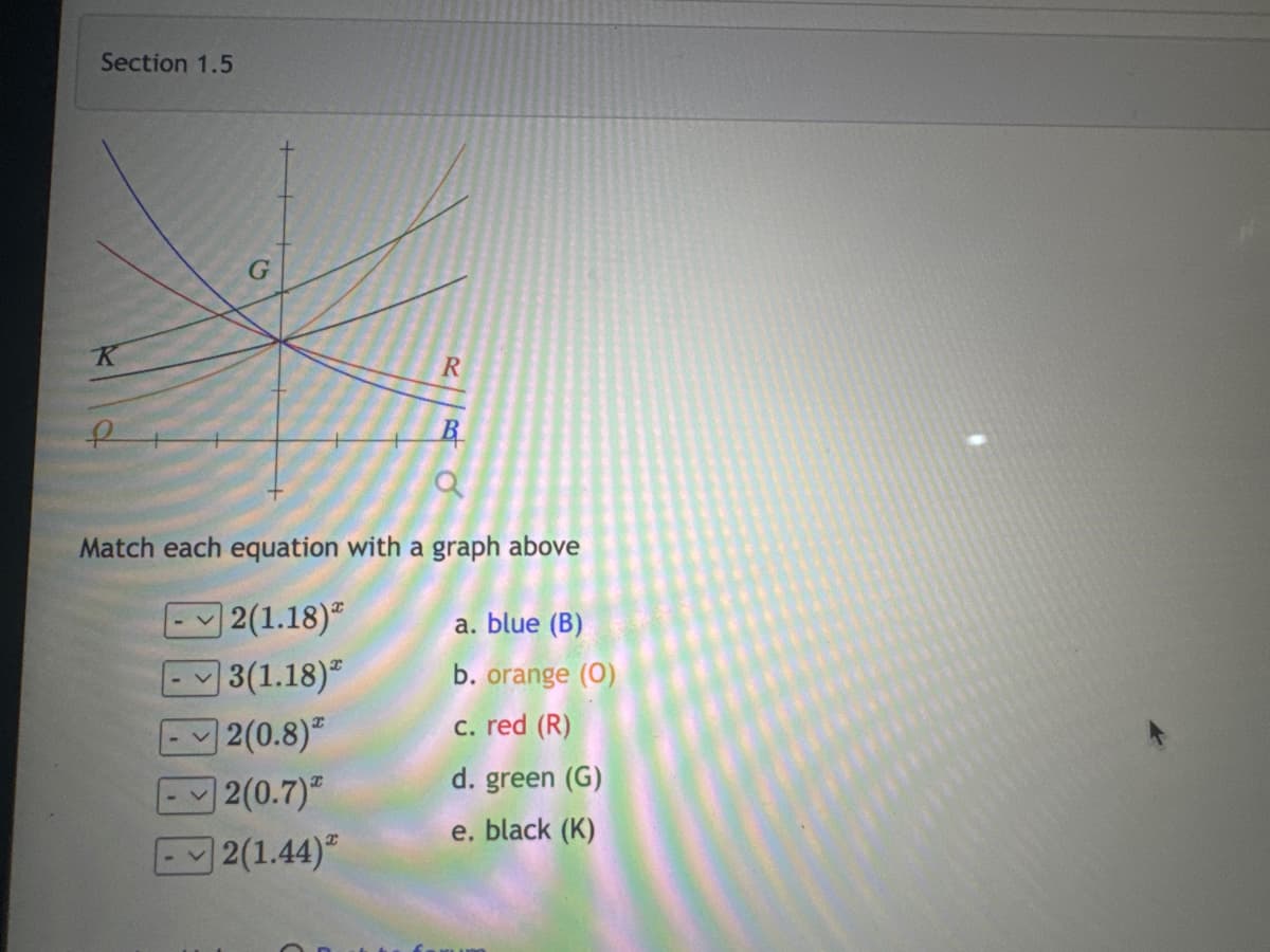 Section 1.5
G
R
B
a
Match each equation with a graph above
2(1.18)
a. blue (B)
3(1.18)
b. orange (0)
2(0.8)
c. red (R)
V
2(0.7)
d. green (G)
e. black (K)
2(1.44)