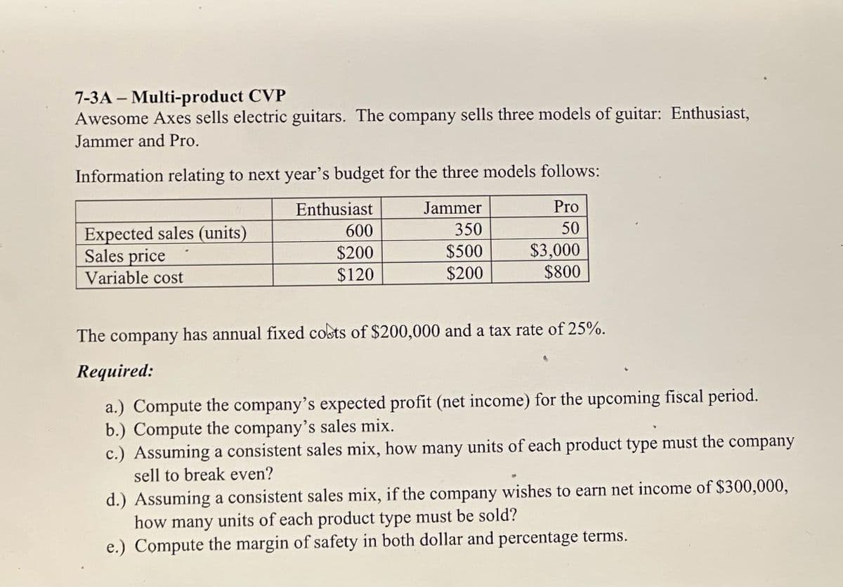 7-3A-Multi-product CVP
Awesome Axes sells electric guitars. The company sells three models of guitar: Enthusiast,
Jammer and Pro.
Information relating to next year's budget for the three models follows:
Expected sales (units)
Sales price
Variable cost
Enthusiast
Jammer
Pro
600
350
50
$200
$500
$3,000
$120
$200
$800
The company has annual fixed costs of $200,000 and a tax rate of 25%.
Required:
a.) Compute the company's expected profit (net income) for the upcoming fiscal period.
b.) Compute the company's sales mix.
c.) Assuming a consistent sales mix, how many units of each product type must the company
sell to break even?
d.) Assuming a consistent sales mix, if the company wishes to earn net income of $300,000,
how many units of each product type must be sold?
e.) Compute the margin of safety in both dollar and percentage terms.
