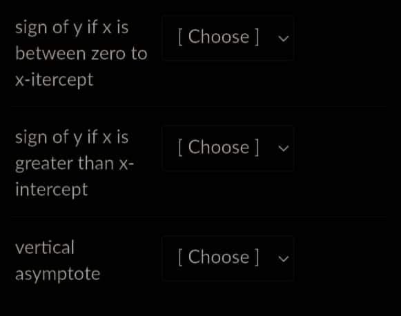 sign of y if x is
between zero to
x-itercept
sign of y if x is
greater than x-
intercept
vertical
asymptote
[Choose ]
[Choose ]
[Choose ]