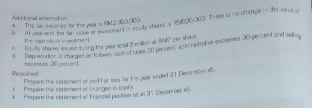 Additional information:
a.
b.
the loan stock investment.
C.
d.
expenses 20 percent.
Required:
il. Prepare the statement of changes in equity.
. Prepare the statement of financial position as at 31 December xb.
