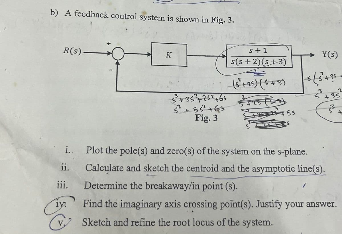 b) A feedback control system is shown in Fig. 3.
+
R(s)-
S+1
K
→ Y(s)
s(s + 2)(s+3)
i..
ii.
iii.
1V.
V.
(5²+25)(5+5)
5+352 +252 +65
স
55
3² + 55² +65
Fig. 3
Plot the pole(s) and zero(s) of the system on the s-plane.
5/3²+35+
5
+35
3
2
+
Calculate and sketch the centroid and the asymptotic line(s).
Determine the breakaway/in point (s).
Find the imaginary axis crossing point(s). Justify your answer.
Sketch and refine the root locus of the system.