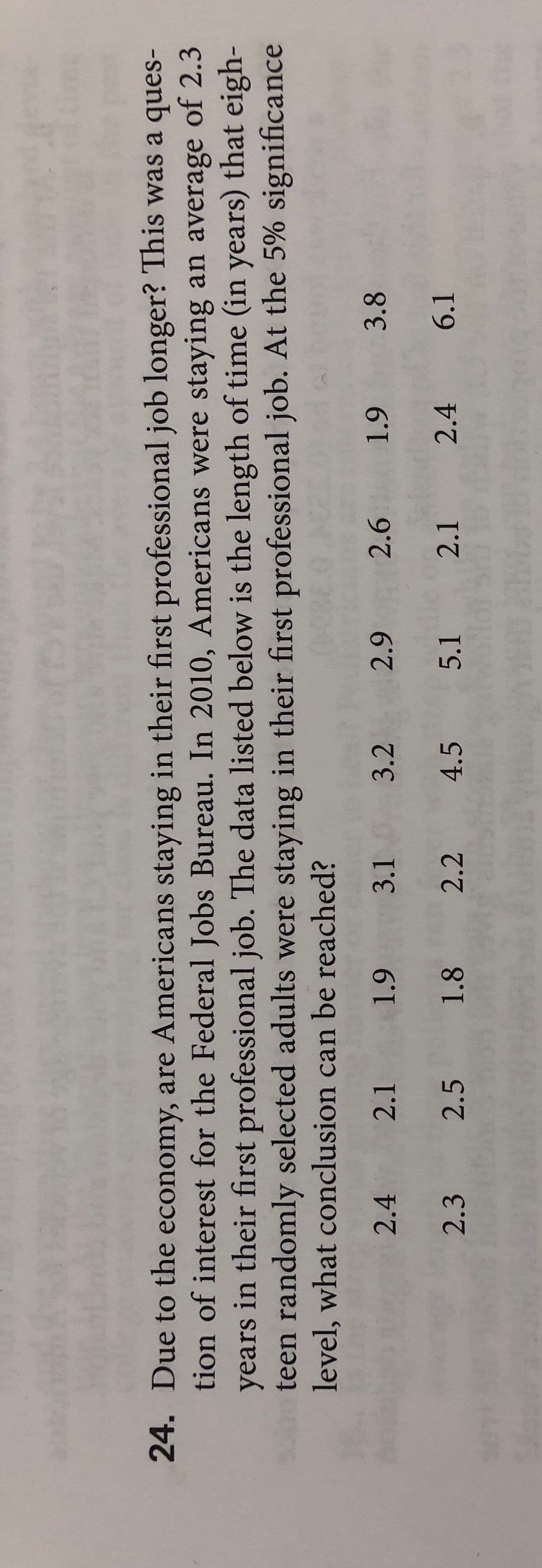 24. Due to the economy, are Americans staying in their first professional job longer? This was a ques-
tion of interest for the Federal Jobs Bureau. In 2010, Americans were staying an average of 2.3
years in their first professional job. The data listed below is the length of time (in years) that eigh-
teen randomly selected adults were staying in their first professional job. At the 5% significance
level, what conclusion can be reached?
2.4
2.1
1.9
3.1 3.2
2.9
2.6
1.9
3.8
2.3
2.5 1.8
2.2
4.5 5.1
2.1
2.4 6.1
