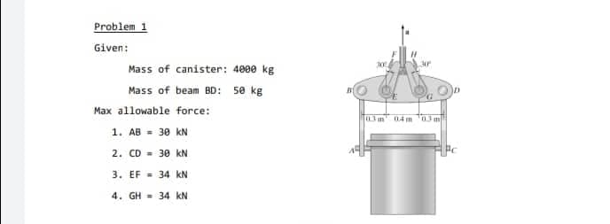 Problem 1
Given:
30
Mass of canister: 4000 kg
Mass of beam BD: se kg
Max allowable force:
03m 04 m '03m
1. AB - 30 kN
2. CD - 30 kN
3. EF - 34 kN
4. GH = 34 kN
