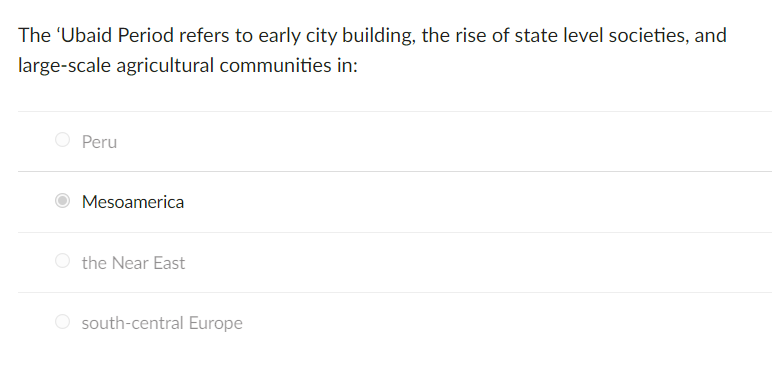 The 'Ubaid Period refers to early city building, the rise of state level societies, and
large-scale agricultural communities in:
Peru
Mesoamerica
O the Near East
O south-central Europe
