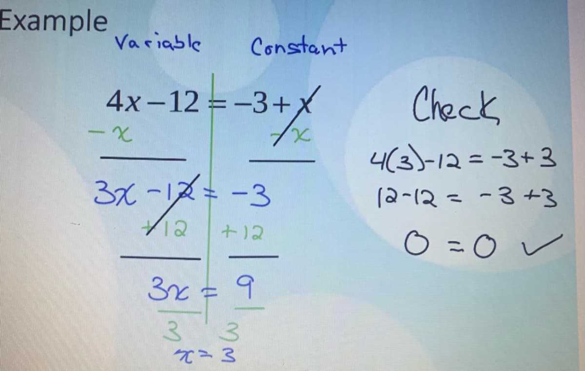 Example
Variable
4x-12 = -3-
-2
2=-3+X
3x - 12 = -3
12
+12
3xc
3
L
Constant
9
3
x=3
ww
Check
4(3)-12=-3+3
12-12 = -3 +3
0=0✓