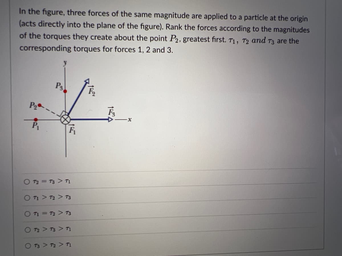 In the figure, three forces of the same magnitude are applied to a particle at the origin
(acts directly into the plane of the figure). Rank the forces according to the magnitudes
of the torques they create about the point P2, greatest first. T1, T2 and T3 are the
corresponding torques for forces 1, 2 and 3.
Ps
P2
F1
O T2 = T3 > T1
O T1 > T2 > T3
O T1 = T2 > T3
T2 T3 > T1
T3 > T2 > T1
