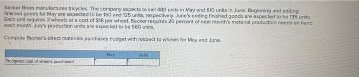 Becker Bikes manufactures tricycles. The company expects to sell 480 units in May and 610 units in June. Beginning and ending
finished goods for May are expected to be 160 and 125 units, respectively. June's ending finished goods are expected to be 135 units.
Each unit requires 3 wheels at a cost of $18 per wheel. Becker requires 20 percent of next month's material production needs on hand
each month. July's production units are expected to be 580 units.
Compute Becker's direct materials purchases budget with respect to wheels for May and June.
Budgeted cost of wheels purchased
May
June