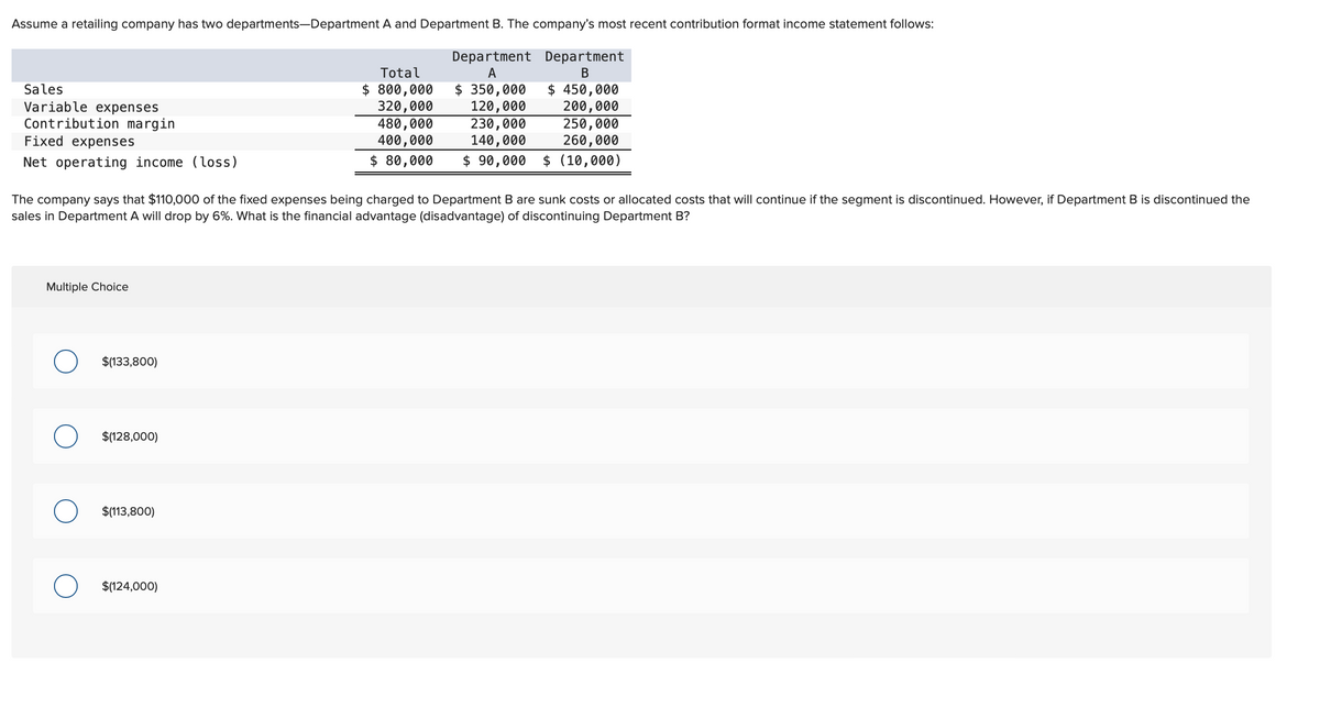 Assume a retailing company has two departments-Department A and Department B. The company's most recent contribution format income statement follows:
Department
A
$ 350,000
120,000
230,000
140,000
Sales
Variable expenses
Contribution margin
Fixed expenses
Net operating income (loss)
Multiple Choice
O $(133,800)
The company says that $110,000 of the fixed expenses being charged to Department B are sunk costs or allocated costs that will continue if the segment is discontinued. However, if Department B is discontinued the
sales in Department A will drop by 6%. What is the financial advantage (disadvantage) of discontinuing Department B?
O $(128,000)
$(113,800)
Total
$ 800,000
320,000
480,000
400,000
$ 80,000
O $(124,000)
Department
B
$ 450,000
200,000
250,000
260,000
$90,000 $ (10,000)