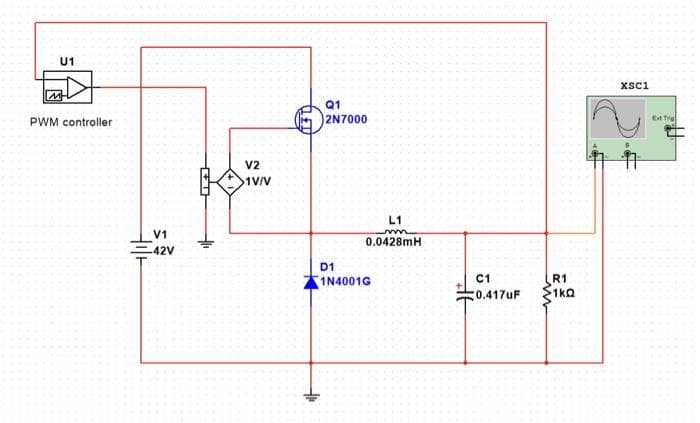 U1
Xsci
M
Q1
PWM controller
2N7000
Et Tig
V2
1V/V
L1
V1
0.0428mH
42V
D1
C1
R1
$1kQ
1N4001G
c0.417uF
