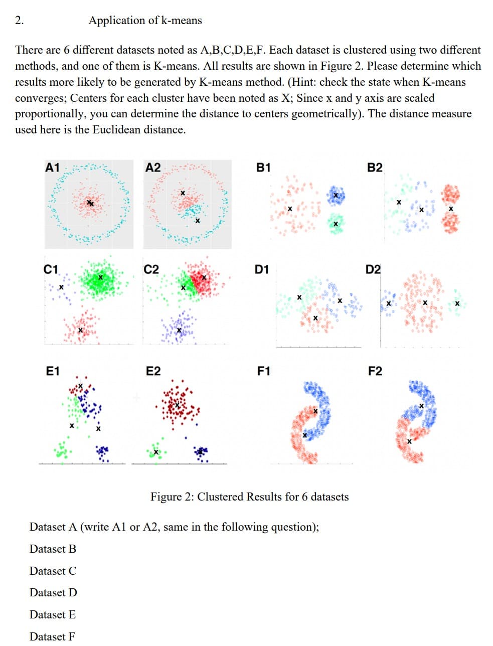 2.
There are 6 different datasets noted as A,B,C,D,E,F. Each dataset is clustered using two different
methods, and one of them is K-means. All results are shown in Figure 2. Please determine which
results more likely to be generated by K-means method. (Hint: check the state when K-means
converges; Centers for each cluster have been noted as X; Since x and y axis are scaled
proportionally, you can determine the distance to centers geometrically). The distance measure
used here is the Euclidean distance.
A1
C1
Application of k-means
E1
A2
C2
E2
B1
D1
F1
Figure 2: Clustered Results for 6 datasets
Dataset A (write A1 or A2, same in the following question);
Dataset B
Dataset C
Dataset D
Dataset E
Dataset F
B2
D2
F2