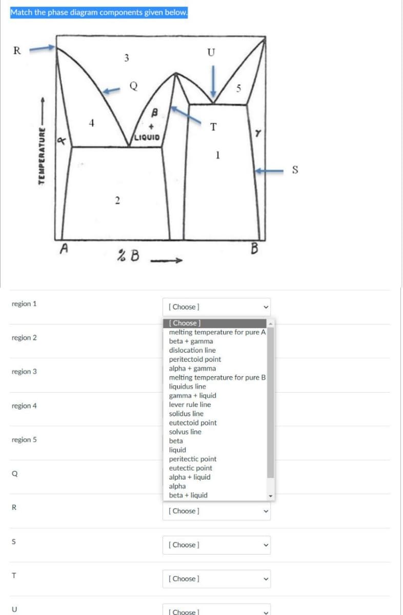 Match the phase diagram components given below.
R
region 1
region 2
region 3
region 4
region 5
Q
R
S
T
U
TEMPERATURE->
4
A
4
2
3
LIQUID
% B
U
[Choose ]
T
gamma + liquid
lever rule line
solidus line
eutectoid point
solvus line
beta
liquid
[Choose ]
1
[Choose]
[Choose]
melting temperature for pure A
beta + gamma
dislocation line
peritectoid point
alpha + gamma
melting temperature for pure B
liquidus line
peritectic point
eutectic point
alpha + liquid
alpha
beta + liquid
[Choose ]
[Choose ]
5
Y
S