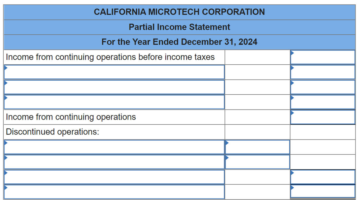 CALIFORNIA MICROTECH CORPORATION
Partial Income Statement
For the Year Ended December 31, 2024
Income from continuing operations before income taxes
Income from continuing operations
Discontinued operations: