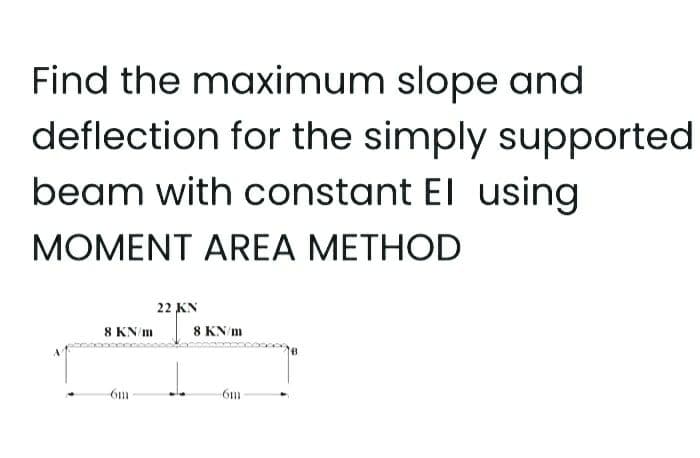 Find the maximum slope and
deflection for the simply supported
beam with constant El using
MOMENT AREA METHOD
8 KN/m
6m
22 KN
8 KN/m
-6m