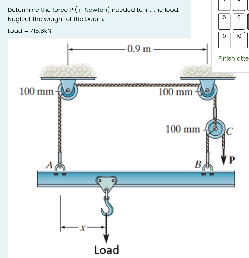 Determine the force P (in Newton) needed to lift the load.
6.
Neglect the weight of the beam.
Load = 716.8kN
10
- 0.9 m
Finish atte
100 mm
100 mm
100 mm
(P
A
B
Load
