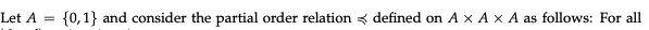 Let A =
{0,1} and consider the partial order relation defined on A x A x A as follows: For all