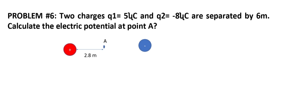 PROBLEM #6: Two charges q1= 54C and q2= -8ụC are separated by 6m.
Calculate the electric potential at point A?
2.8 m
