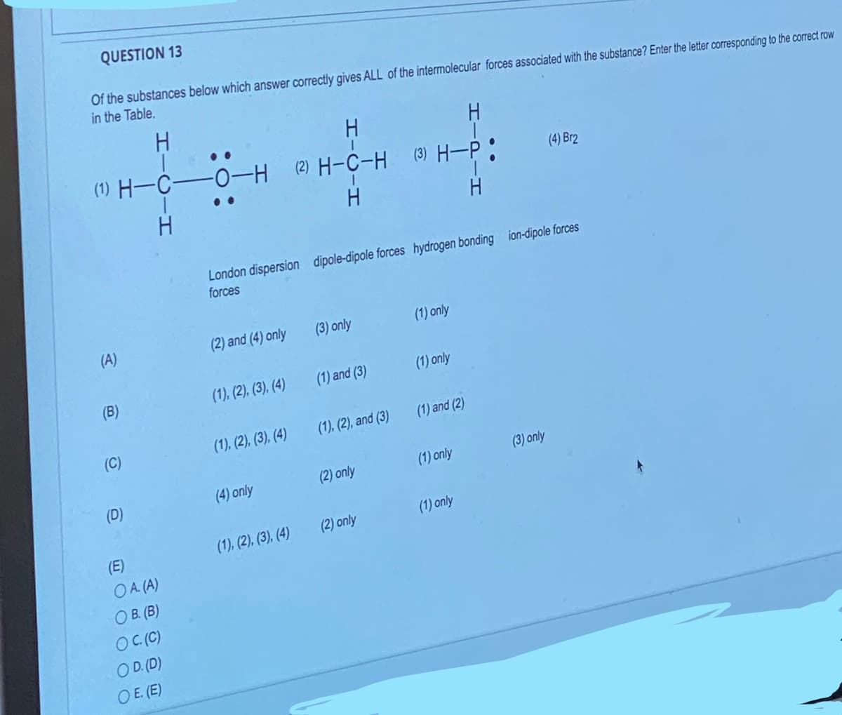 QUESTION 13
Of the substances below which answer correctly gives ALL of the intermolecular forces associated with the substance? Enter the letter corresponding to the correct row
in the Table.
H
H
H
(1) H-C-0-H (2) H-C-H (3) H-P:
H
H
H
(A)
(B)
(C)
(D)
(E)
OA. (A)
OB. (B)
OC. (C)
OD. (D)
OE. (E)
London dispersion dipole-dipole forces hydrogen bonding ion-dipole forces
forces
(2) and (4) only
(1), (2), (3), (4)
(1), (2), (3), (4)
(4) only
(3) only
(2) only
(1) only
(1) and (3)
(1), (2), and (3) (1) and (2)
(1), (2), (3), (4) (2) only
(1) only
(1) only
(1) only
(4) Br2
(3) only