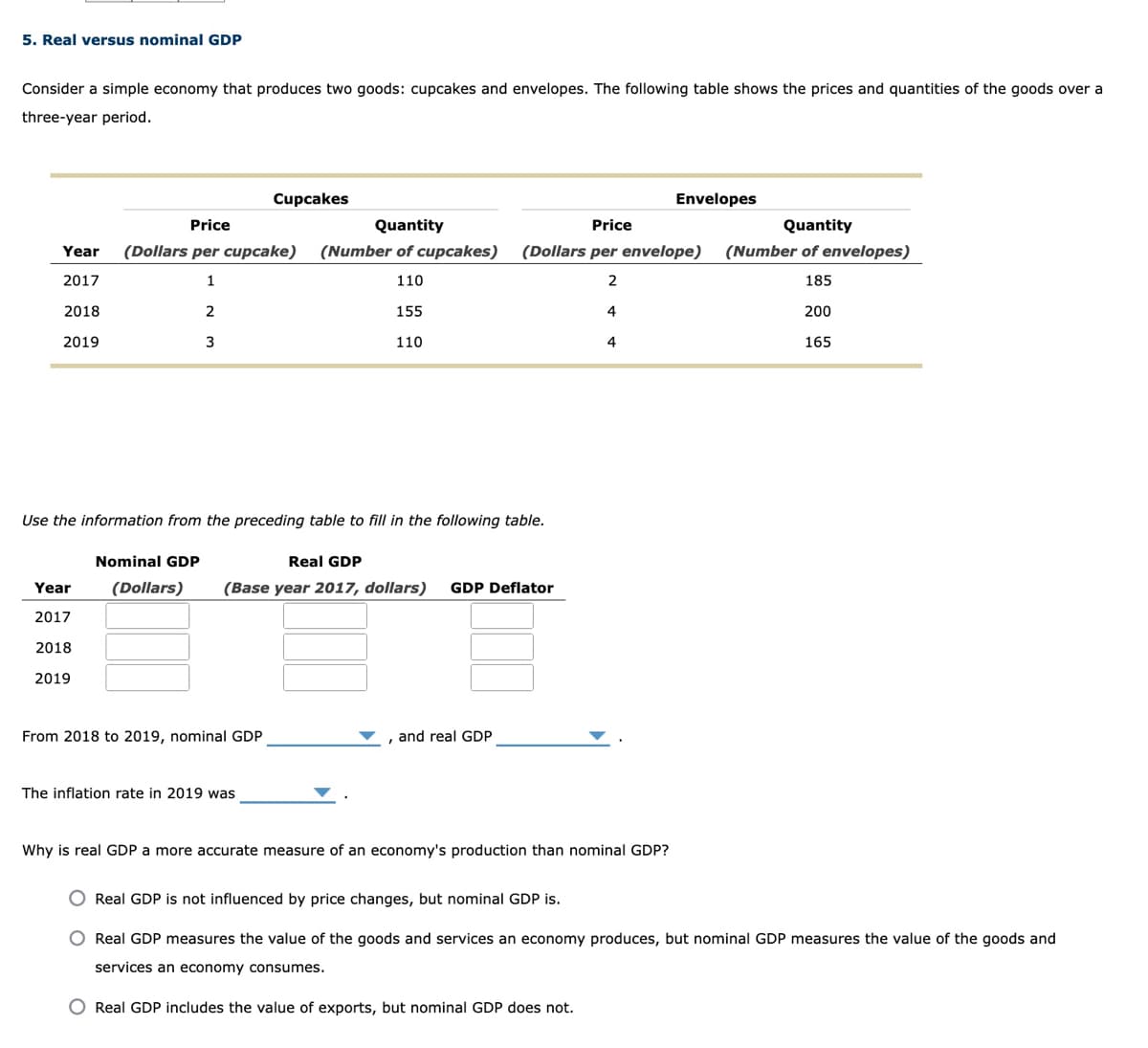 5. Real versus nominal GDP
Consider a simple economy that produces two goods: cupcakes and envelopes. The following table shows the prices and quantities of the goods over a
three-year period.
Cupcakes
Envelopes
Price
Quantity
Price
Quantity
Year
(Dollars per cupcake)
(Number of cupcakes)
(Dollars per envelope)
(Number of envelopes)
2017
1
110
185
2018
2
155
4
200
2019
3
110
4
165
Use the information from the preceding table to fill in the following table.
Nominal GDP
Real GDP
Year
(Dollars)
(Base year 2017, dollars)
GDP Deflator
2017
2018
2019
From 2018 to 2019, nominal GDP
and real GDP
The inflation rate in 2019 was
Why is real GDP a more accurate measure of an economy's production than nominal GDP?
Real GDP is not influenced by price changes, but nominal GDP is.
Real GDP measures the value of the goods and services an economy produces, but nominal GDP measures the value of the goods and
services an economy consumes.
O Real GDP includes the value of exports, but nominal GDP does not.
