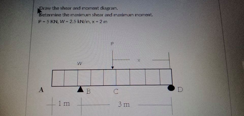 Draw the shear and moment diagram.
Determine the maximurn shear and maxinum mornent.
P 5 KN, W -2.5 kN/m, x = 2 m
%3D
A
1 m
3 m
