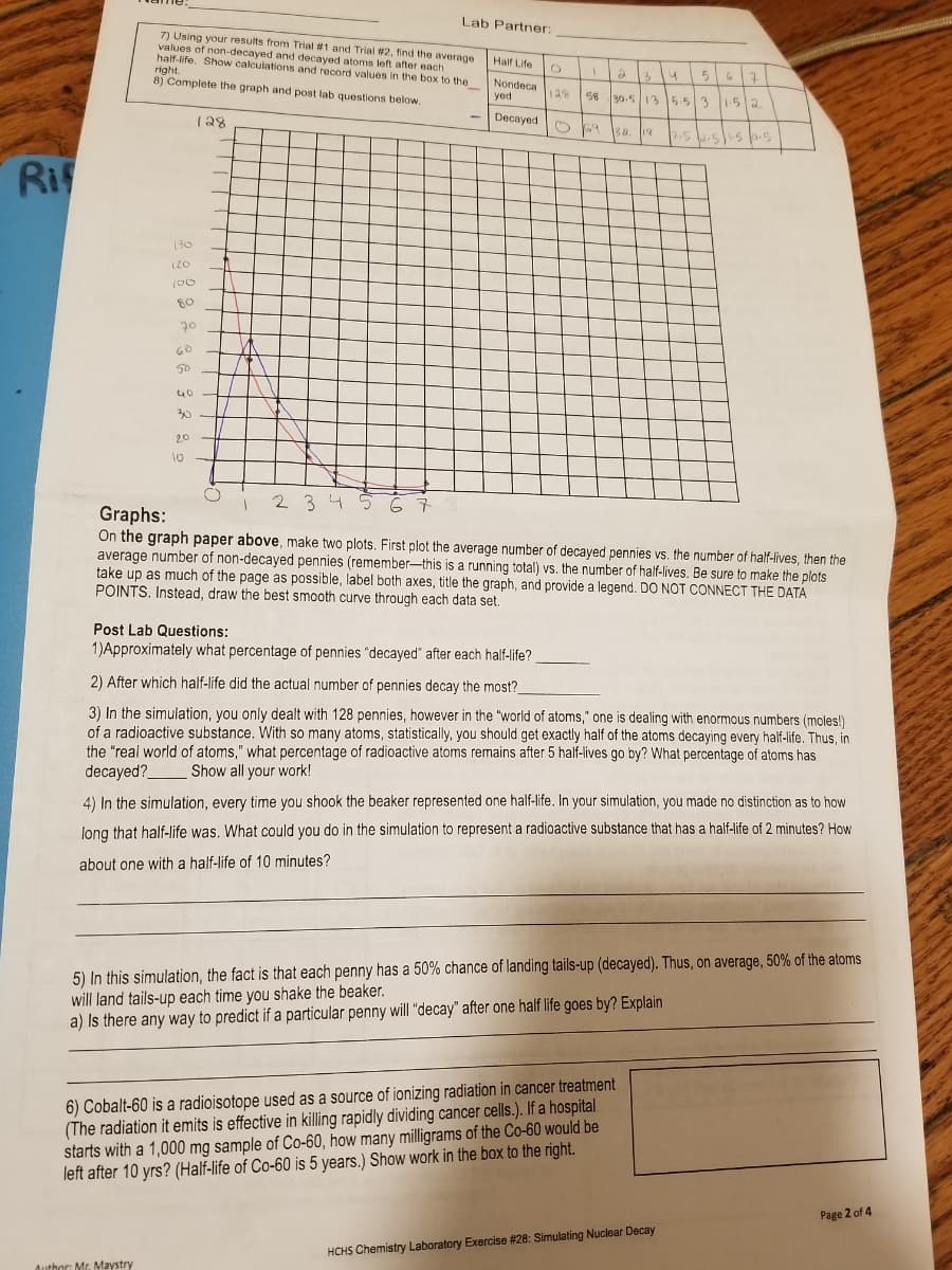 Ri
7) Using your results from Trial #1 and Trial #2, find the average
values of non-decayed and decayed atoms left after each.
half-life. Show calculations and record values in the box to the
right.
8) Complete the graph and post lab questions below.
130
(20
100
80
20
60
50
Author: Mr. Maystry
40-
30
20
128
10
Lab Partner:
Half Life
Nondeca
yed
Decayed
O
1
128 56
069
34
30.5 13 5.5/3
2
38. 18
5 6
6) Cobalt-60 is a radioisotope used as a source of ionizing radiation in cancer treatment
(The radiation it emits is effective in killing rapidly dividing cancer cells.). If a hospital
starts with a 1,000 mg sample of Co-60, how many milligrams of the Co-60 would be
left after 10 yrs? (Half-life of Co-60 is 5 years.) Show work in the box to the right.
7
2 3 4 5 6 7
Graphs:
On the graph paper above, make two plots. First plot the average number of decayed pennies vs. the number of half-lives, then the
average number of non-decayed pennies (remember-this is a running total) vs. the number of half-lives. Be sure to make the plots
take up as much of the page as possible, label both axes, title the graph, and provide a legend. DO NOT CONNECT THE DATA
POINTS. Instead, draw the best smooth curve through each data set.
5.5 31.52
Post Lab Questions:
1)Approximately what percentage of pennies "decayed" after each half-life?
2) After which half-life did the actual number of pennies decay the most?_
3) In the simulation, you only dealt with 128 pennies, however in the "world of atoms," one is dealing with enormous numbers (moles!)
of a radioactive substance. With so many atoms, statistically, you should get exactly half of the atoms decaying every half-life. Thus, in
the "real world of atoms," what percentage of radioactive atoms remains after 5 half-lives go by? What percentage of atoms has
decayed? Show all your work!
7-522-545 0.5
4) In the simulation, every time you shook the beaker represented one half-life. In your simulation, you made no distinction as to how
long that half-life was. What could you do in the simulation to represent a radioactive substance that has a half-life of 2 minutes? How
about one with a half-life of 10 minutes?
HCHS Chemistry Laboratory Exercise #28: Simulating Nuclear Decay
5) In this simulation, the fact is that each penny has a 50% chance of landing tails-up (decayed). Thus, on average, 50% of the atoms
will land tails-up each time you shake the beaker.
a) Is there any way to predict if a particular penny will "decay" after one half life goes by? Explain
Page 2 of 4