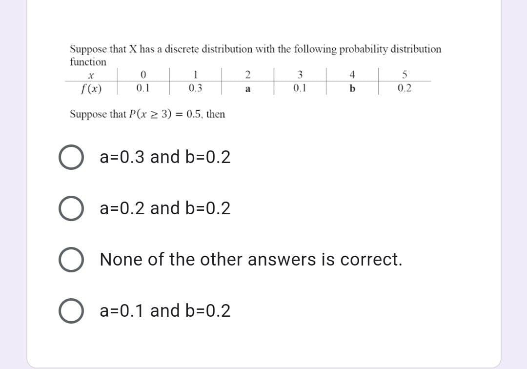 Suppose that X has a discrete distribution with the following probability distribution
function
X
+
f(x)
Suppose that P(x ≥ 3) = 0.5, then
O
0
0.1
1
0.3
a=0.3 and b=0.2
a=0.2 and b=0.2
2
a
a=0.1 and b=0.2
3
0.1
4
b
5
0.2
None of the other answers is correct.