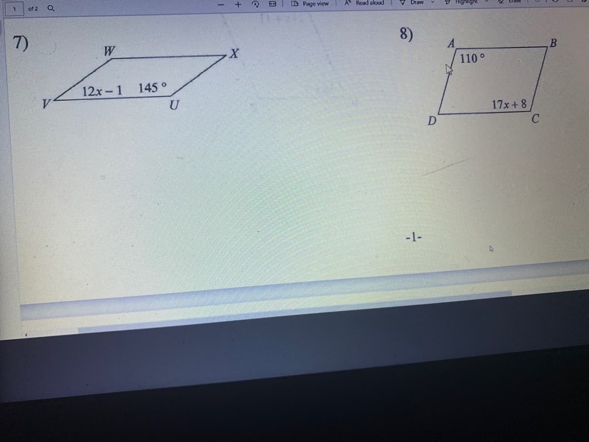 of 2
+ R E I D Page view
1
A* Read aloud
Draw
7)
8)
W
110°
12x-1
145°
U
17x + 8
D
-1-
