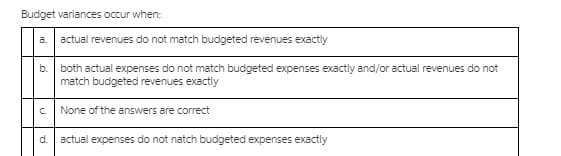 Budget variances occur when:
a.
actual revenues do not match budgeted revenues exactly
b.
both actual expenses do not match budgeted expenses exactly and/or actual revenues do not
match budgeted revenues exactly
C.
None of the answers are correct
d.
actual expenses do not natch budgeted expenses exactly
