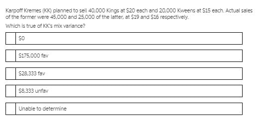 Karpoff Kremes (KK) planned to sell 40,000 Kings at $20 each and 20,000 Kweens at $15 each. Actual sales
of the former were 45,000 and 25,000 of the latter, at $19 and $16 respectively.
Which is true of KK's mix variance?
so
$175,000 fav
$28,333 fav
$8,333 unfav
Unable to determine
