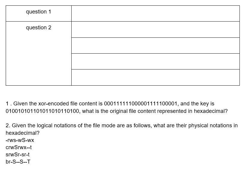 question 1
question 2
1. Given the xor-encoded file content is 000111111000001111100001, and the key is
010010101101011010110100, what is the original file content represented in hexadecimal?
2. Given the logical notations of the file mode are as follows, what are their physical notations in
hexadecimal?
-rws-wS-wx
crwSrwx--t
srwSr-sr-t
br-S--S--T
