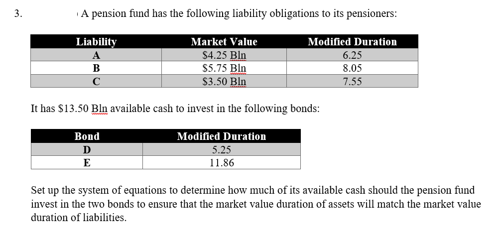 3.
A pension fund has the following liability obligations to its pensioners:
Market Value
$4.25 Bln
$5.75 Bln
$3.50 Bln
Liability
A
B
C
It has $13.50 Bln available cash to invest in the following bonds:
Bond
Ꭰ
E
Modified Duration
Modified Duration
5.25
11.86
6.25
8.05
7.55
Set up the system of equations to determine how much of its available cash should the pension fund
invest in the two bonds to ensure that the market value duration of assets will match the market value
duration of liabilities.