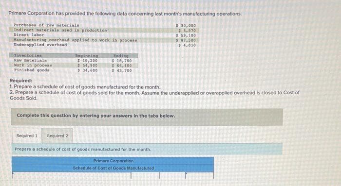 Primare Corporation has provided the following data concerning last month's manufacturing operations.
Purchases of raw materials
Indirect materials used in production
Direct labor
Manufacturing overhead applied to work in process
Underapplied overhead
Inventories
Raw materials
Work in process
Finished goods
Reginning
$ 10,200
$ 54,900
$ 34,600
Ending
$18,700
$66,400
$ 43,700
Required 1 Required 2
Required:
1. Prepare a schedule of cost of goods manufactured for the month.
2. Prepare a schedule of cost of goods sold for the month. Assume the underapplied or overapplied overhead is closed to Cost of
Goods Sold.
Complete this question by entering your answers in the tabs below.
$ 30,000
$4,570
$ 59,100
$ 87,500
$ 4,010
Prepare a schedule of cost of goods manufactured for the month.
Primare Corporation
Schedule of Cost of Goods Manufactured