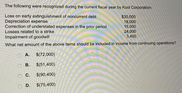 The following were recognized during the current fiscal year by Kool Corporation:
Loss on early extinguishment of noncurrent debt
$30,000
Depreciation expense
18,000
Correction of understated expenses in the prior period
15,000
Losses related to a strike
24,000
Impairment of goodwill
3,400
What net amount of the above items should be included in income from continuing operations?
A. $(72,000)
$(51,400)
$(90,400)
D. $(75,400)
B.
C.