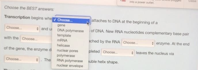Choose the BEST answers:
Transcription begins whe✔ Choose...
gene
and u DNA polymerase
Choose...
with the Choose...
helicase
of the gene, the enzyme d nuclear pores
polymerase
RNA polymerase
nuclear envelope
Choose...
. The
template
mRNA
into a power outlet.
Close
attaches to DNA at the beginning of a
of DNA. New RNA nucleotides complementary base pair
ached by the RNA Choose...
enzyme. At the end
pleted Choose...
uble helix shape.
leaves the nucleus via