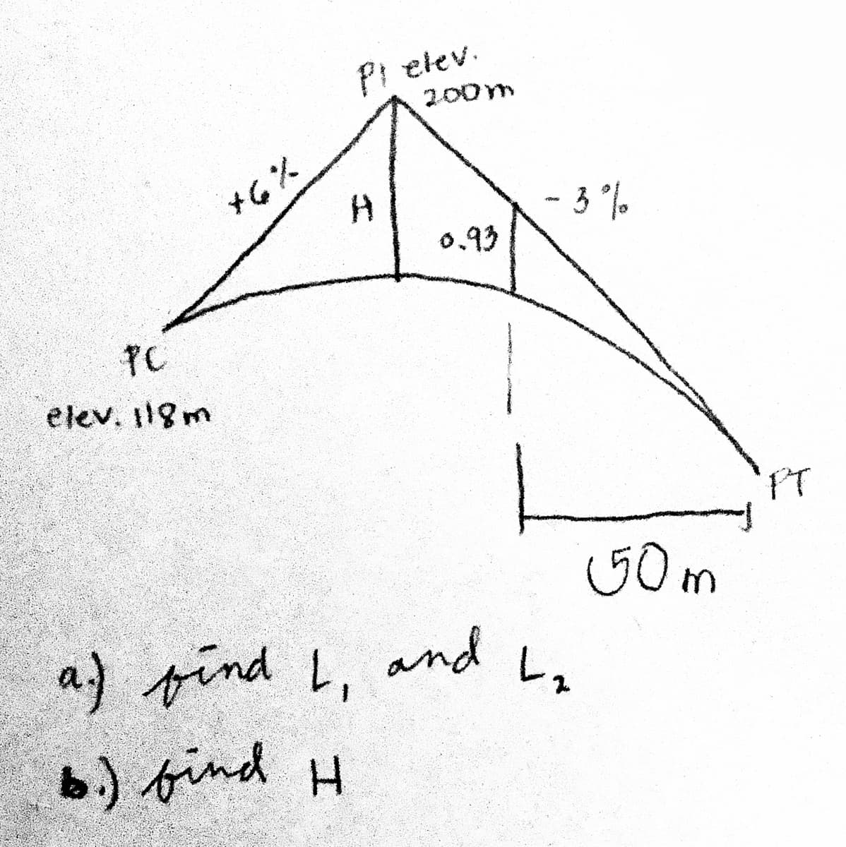 Pi elev.
200m
*Cス
- 3 %
0.93
PC
elev. I18m
PT
G0m
a) pind L,
and
レュ
b.) find H
