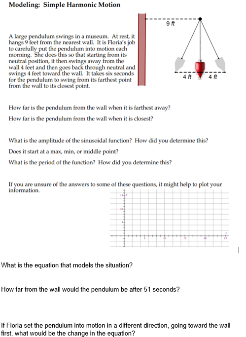 Modeling: Simple Harmonic Motion
9ft
A large pendulum swings in a museum. At rest, it
hangs 9 feet from the nearest wall. It is Floria's job
to carefully put the pendulum into motion each
morning. She does this so that starting from its
neutral position, it then swings away from the
wall 4 feet and then goes back through neutral and
swings 4 feet toward the wall. It takes six seconds
for the pendulum to swing from its farthest point
from the wall to its closest point.
4 ft
How far is the pendulum from the wall when it is farthest away?
How far is the pendulum from the wall when it is closest?
What is the amplitude of the sinusoidal function? How did you determine this?
Does it start at a max, min, or middle point?
What is the period of the function? How did you determine this?
If you are unsure of the answers to some of these questions, it might help to plot your
information.
What is the equation that models the situation?
How far from the wall would the pendulum be after 51 seconds?
If Floria set the pendulum into motion in a different direction, going toward the wall
first, what would be the change in the equation?
