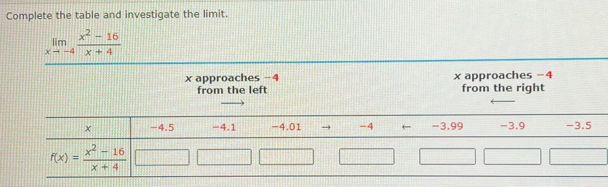 Complete the table and investigate the limit.
2 16
lim
X-4 x +4
f(x) =
X
x² - 16
x + 4
-4.5
x approaches -4
from the left
-4.1
-4.01
←
x approaches - 4
from the right
-3.99
-3.9
-3.5